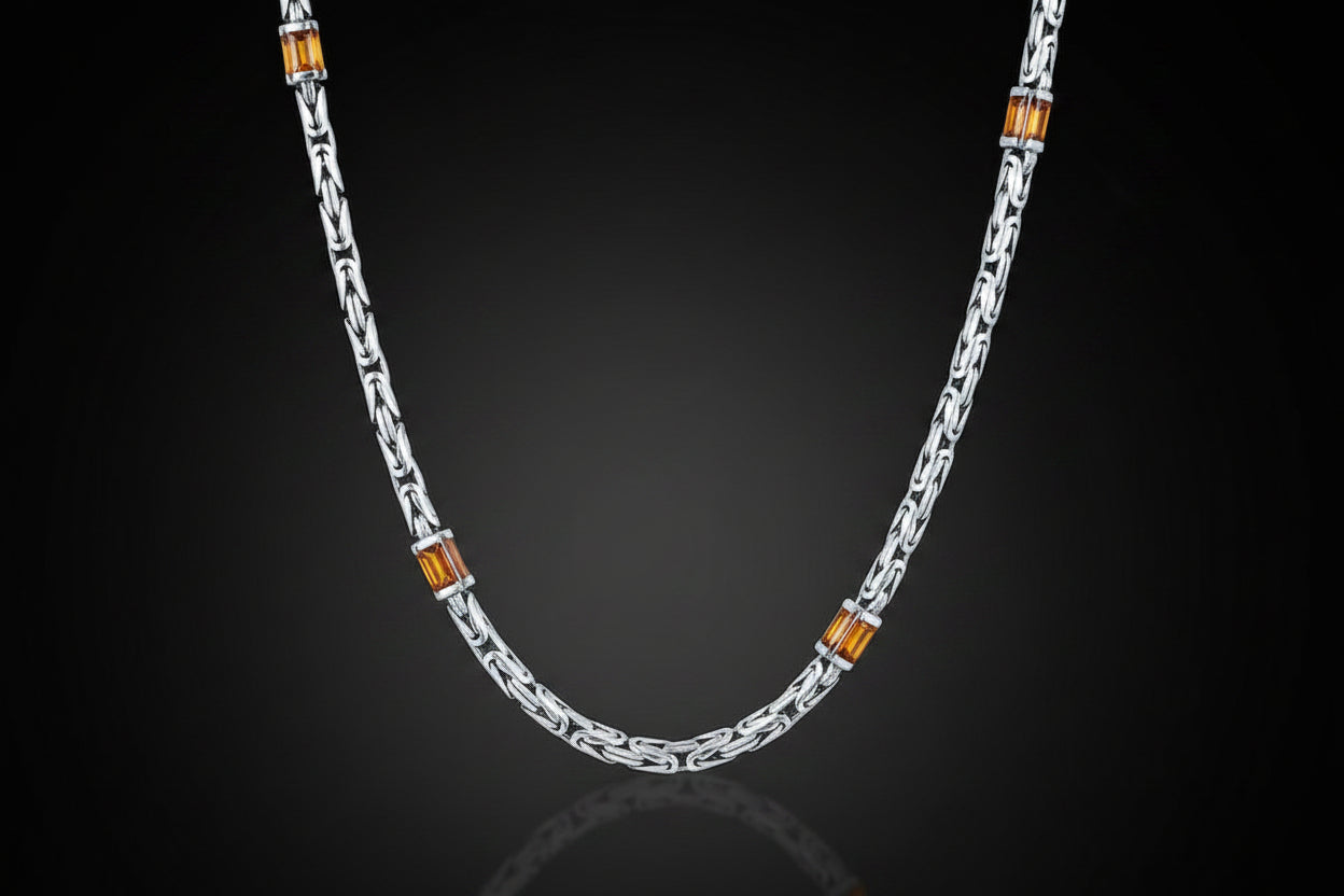 Solid 6mm Byzantine Link Chain, studded with Gomed Stone baguette cut | 925 Sterling Silver Chain | With Certificate of Authenticity and 925 Hallmark
