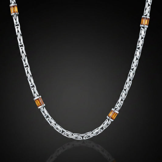 Solid 6mm Byzantine Link Chain, studded with Gomed Stone baguette cut | Chain