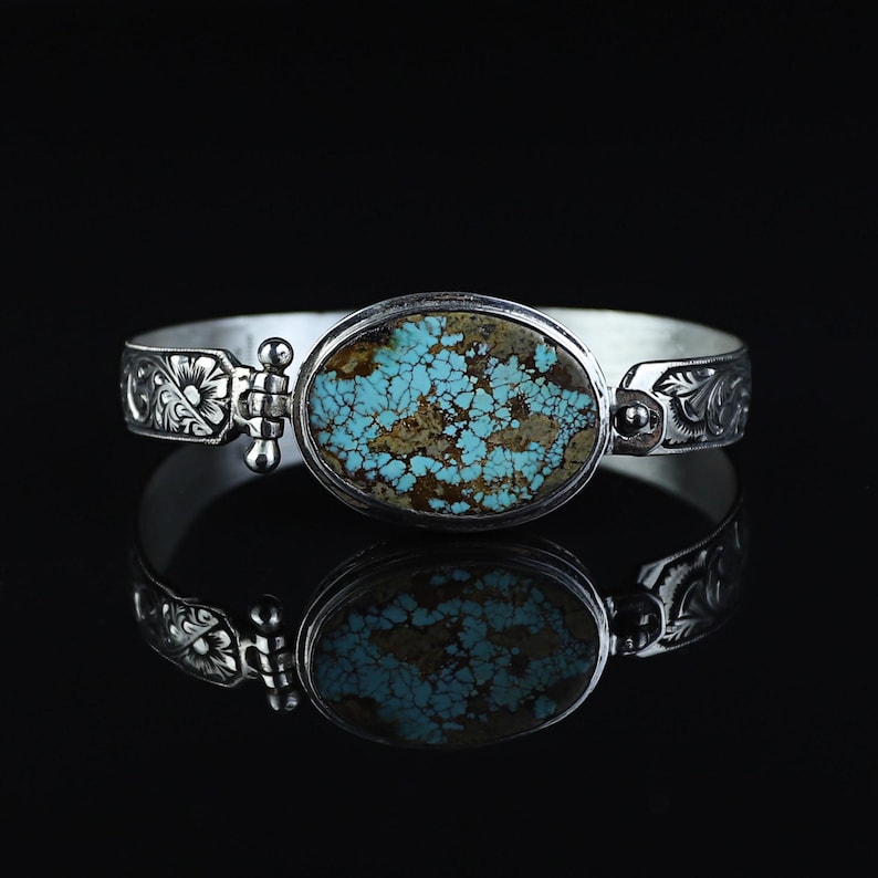 Hand-Engraved Bracelet Cuff with 35 Ct Natural Arizona Turquoise | 925 Sterling Silver Bracelet | With Certificate of Authenticity and 925 Hallmark - caratsutra