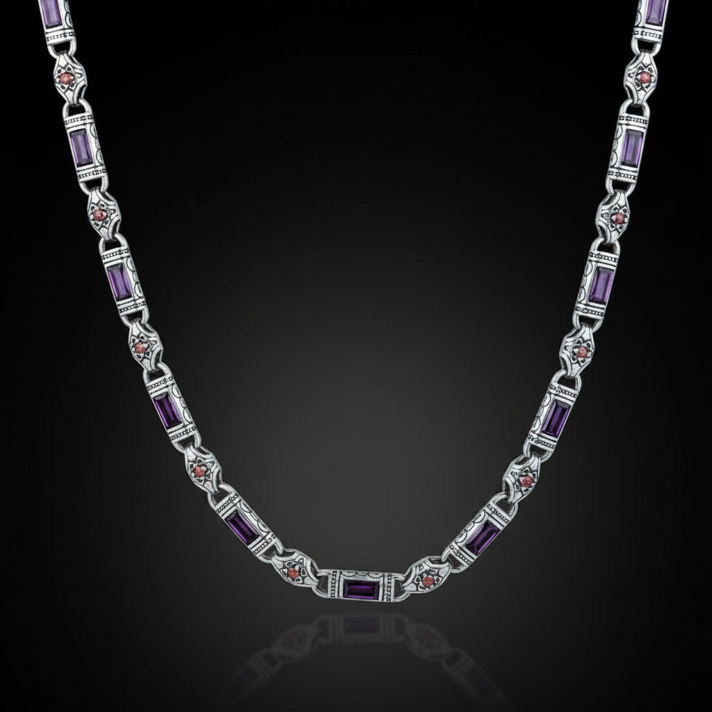 Solid 6mm Infinity Link Chain, studded with Natural Amethyst Stone | 925 Sterling Silver Chain | With Certificate of Authenticity and 925 Hallmark