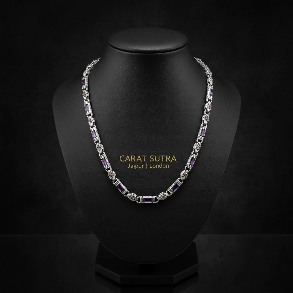 Solid 6mm Infinity Link Chain, studded with Natural Amethyst Stone | 925 Sterling Silver Chain