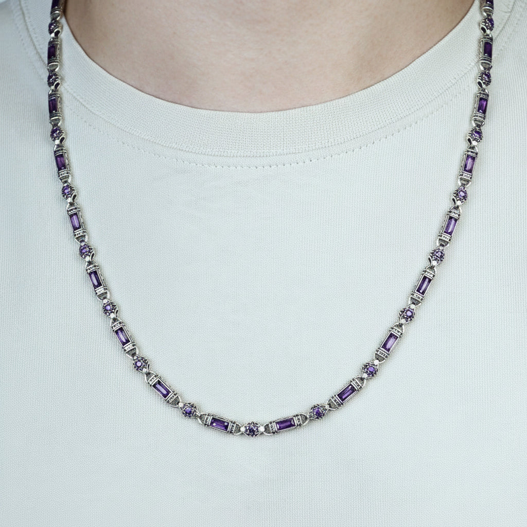 Solid 6mm Infinity Link Chain, studded with Natural Amethyst Stone | 925 Sterling Silver Chain | With Certificate of Authenticity and 925 Hallmark