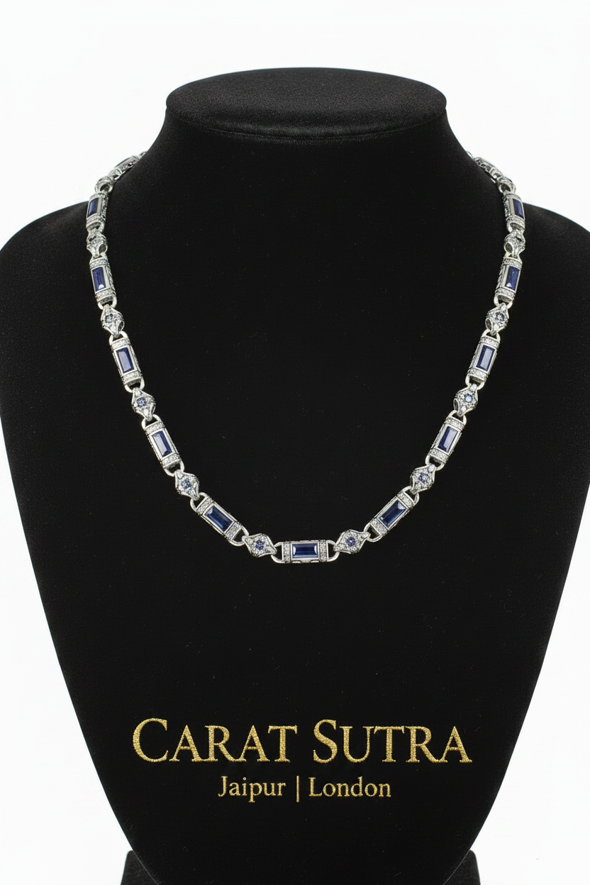 Solid 6mm Infinity Link Chain, studded with Blue Zircon | 925 Sterling Silver Chain | With Certificate of Authenticity and 925 Hallmark