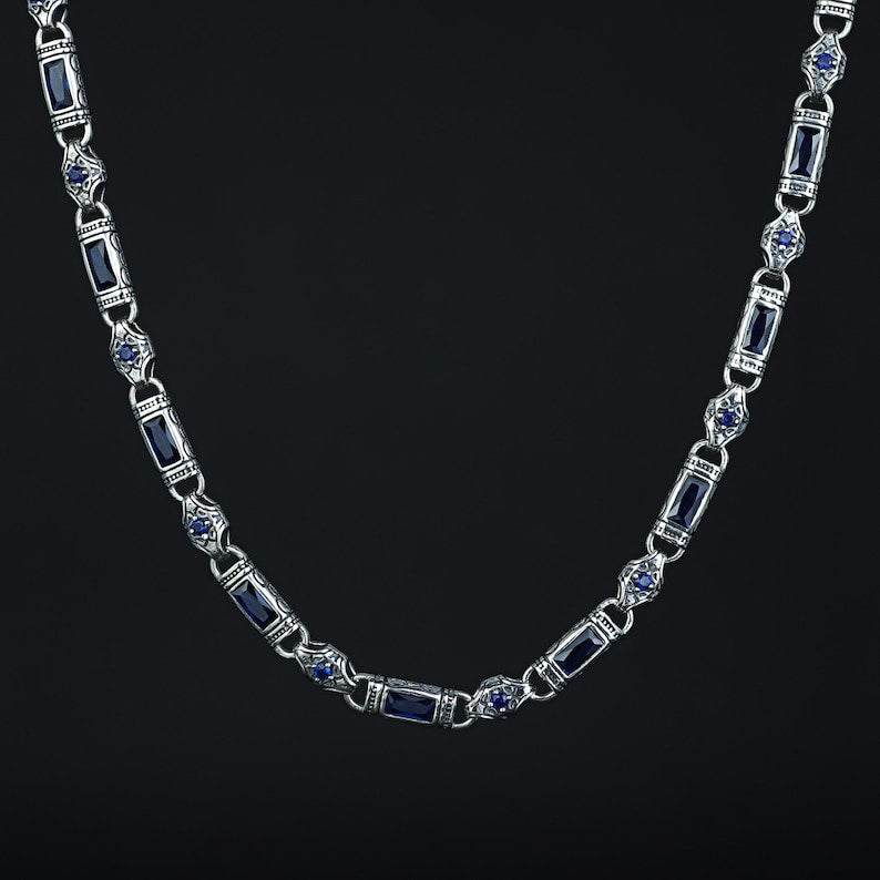 Solid 6mm Infinity Link Chain, studded with Blue Zircon | 925 Sterling Silver Chain | With Certificate of Authenticity and 925 Hallmark