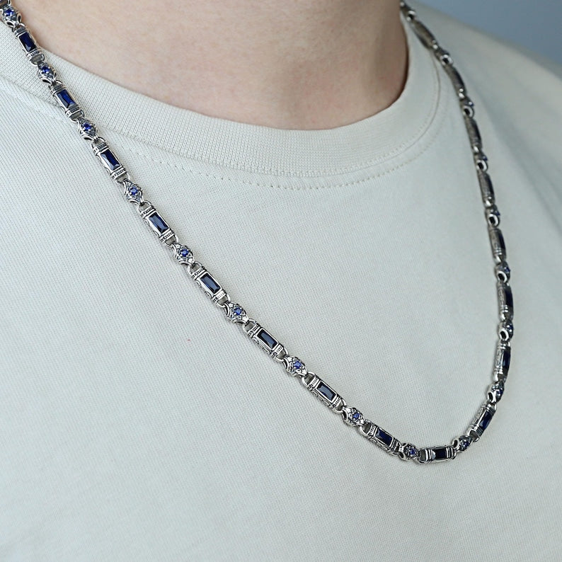 Solid 6mm Infinity Link Chain, studded with Blue Zircon | 925 Sterling Silver Chain | With Certificate of Authenticity and 925 Hallmark