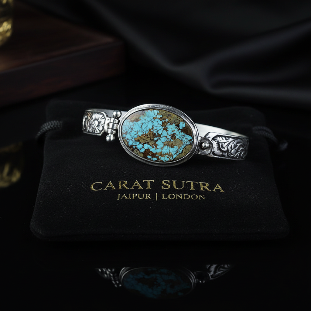 Hand-Engraved Bracelet Cuff with 35 Ct Natural Arizona Turquoise | 925 Sterling Silver Bracelet | With Certificate of Authenticity and 925 Hallmark - caratsutra