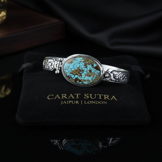 Hand-Engraved Bracelet Cuff with 35 Ct Natural Arizona Turquoise | 925 Sterling Silver Bracelet | With Certificate of Authenticity and 925 Hallmark - caratsutra