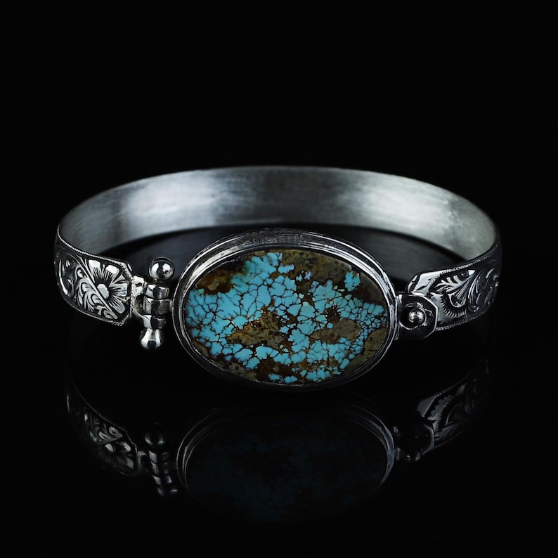 Hand-Engraved Bracelet Cuff with 35 Ct Natural Arizona Turquoise | 925 Sterling Silver Bracelet | With Certificate of Authenticity and 925 Hallmark - caratsutra