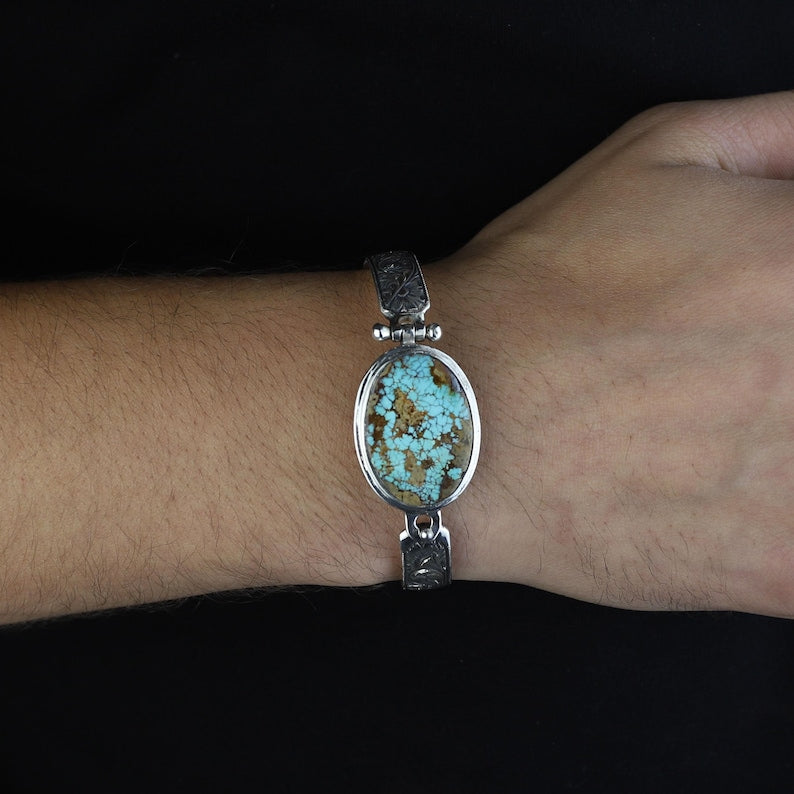 Hand-Engraved Bracelet Cuff with 35 Ct Natural Arizona Turquoise | 925 Sterling Silver Bracelet | With Certificate of Authenticity and 925 Hallmark - caratsutra
