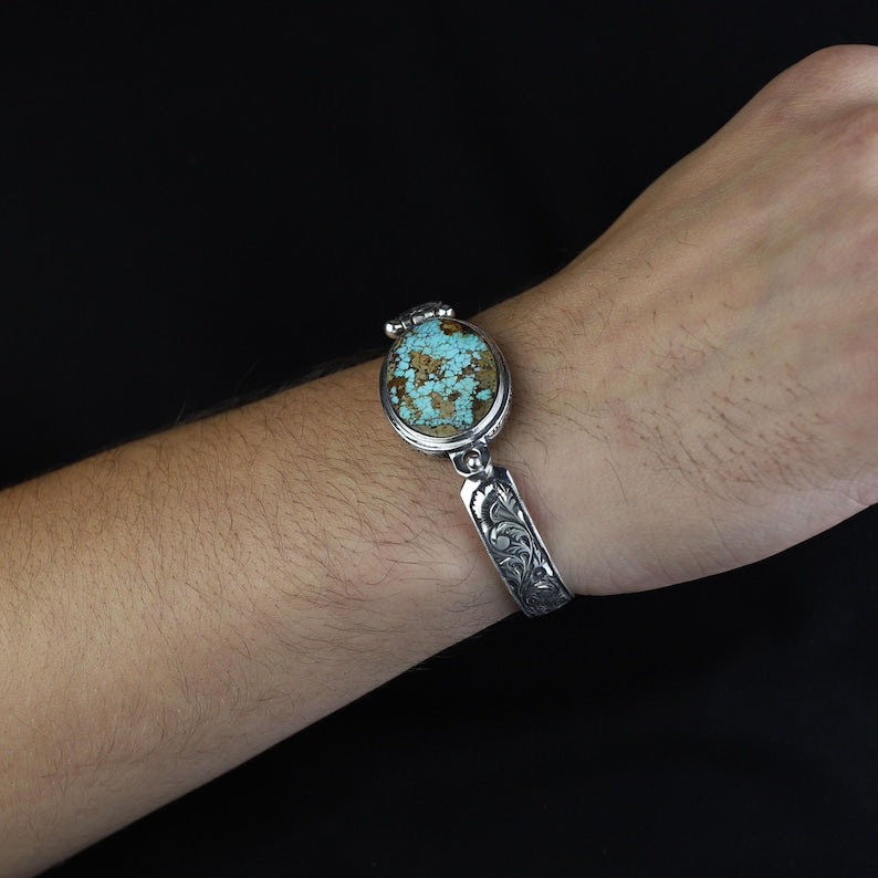 Hand-Engraved Bracelet Cuff with 35 Ct Natural Arizona Turquoise | 925 Sterling Silver Bracelet | With Certificate of Authenticity and 925 Hallmark - caratsutra