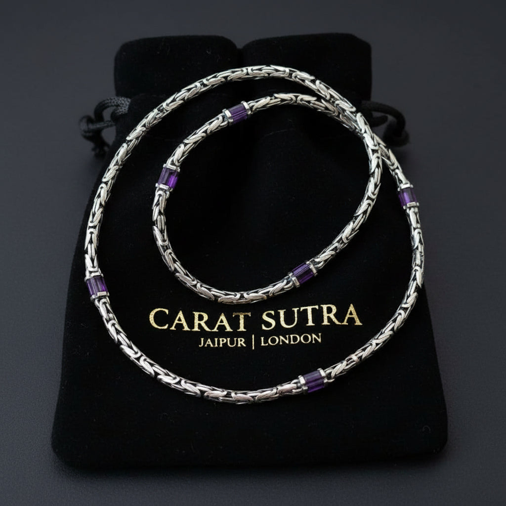 Solid 6mm Byzantine Link Chain, studded with Amethyst Stone baguette cut | 925 Sterling Silver Chain | With Certificate of Authenticity and 925 Hallmark