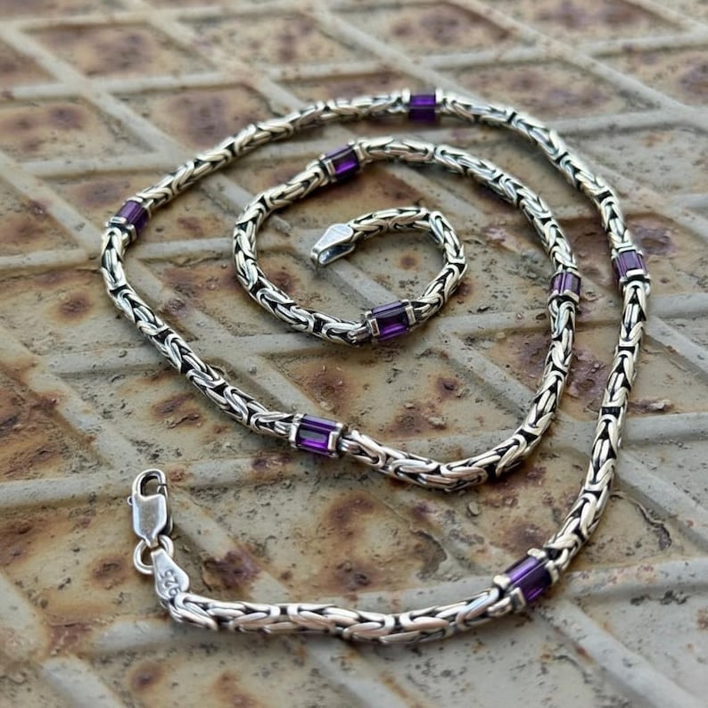Solid 6mm Byzantine Link Chain, studded with Amethyst Stone baguette cut | 925 Sterling Silver Chain | With Certificate of Authenticity and 925 Hallmark