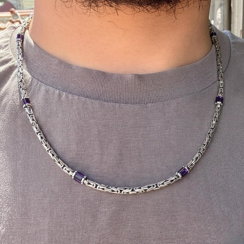 Solid 6mm Byzantine Link Chain, studded with Amethyst Stone baguette cut | 925 Sterling Silver Chain | With Certificate of Authenticity and 925 Hallmark
