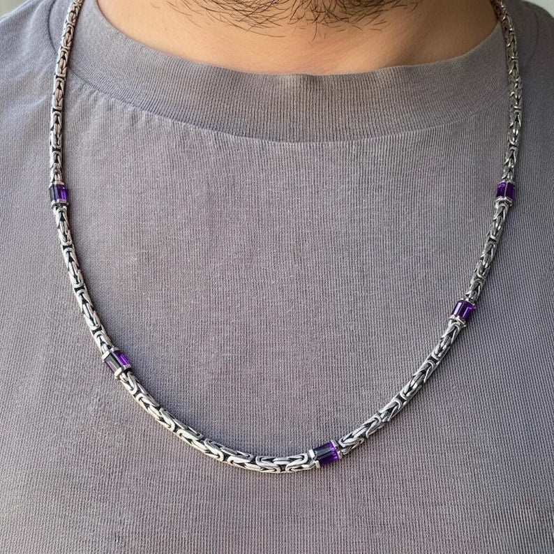 Solid 6mm Byzantine Link Chain, studded with Amethyst Stone baguette cut | 925 Sterling Silver Chain | With Certificate of Authenticity and 925 Hallmark