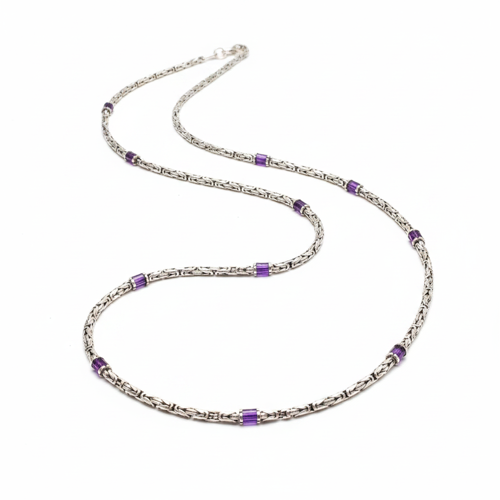 Solid 6mm Byzantine Link Chain, studded with Amethyst Stone baguette cut | 925 Sterling Silver Chain | With Certificate of Authenticity and 925 Hallmark