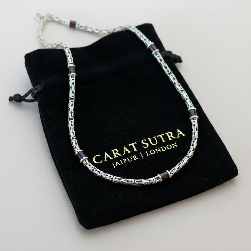 Solid 6mm Byzantine Link Chain, studded with Gomed Stone baguette cut | 925 Sterling Silver Chain | With Certificate of Authenticity and 925 Hallmark
