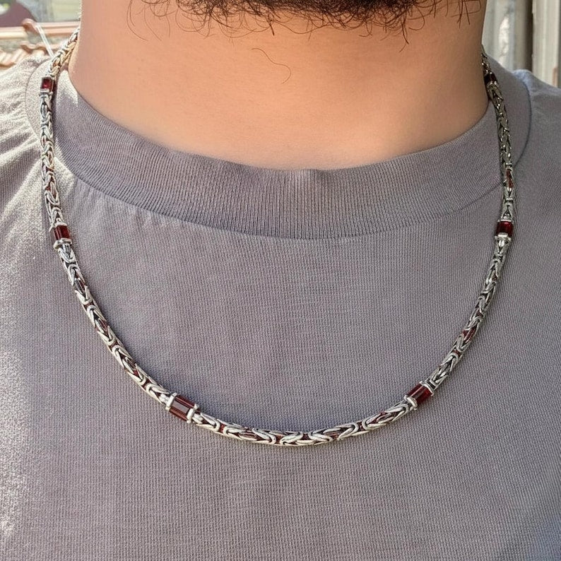 Solid 6mm Byzantine Link Chain, studded with Gomed Stone baguette cut | 925 Sterling Silver Chain | With Certificate of Authenticity and 925 Hallmark