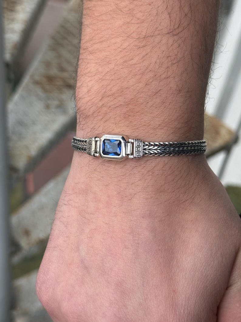 13mm Classic Chain Bracelet with 7Ct Blue Sapphire Stone for Men | 925 Sterling Silver Bracelet | Men's Jewelry