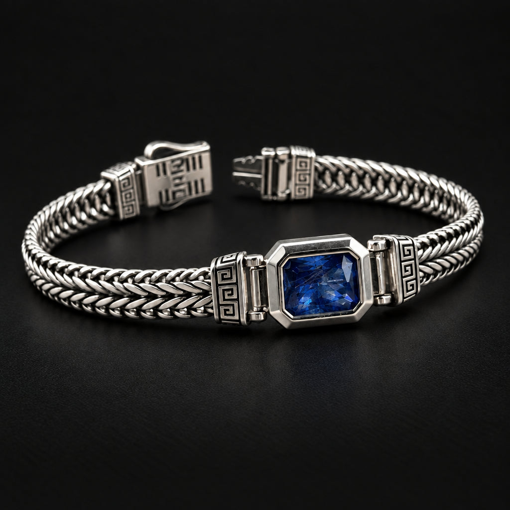 13mm Classic Chain Bracelet with 7Ct Blue Sapphire Stone for Men | 925 Sterling Silver Bracelet | Men's Jewelry