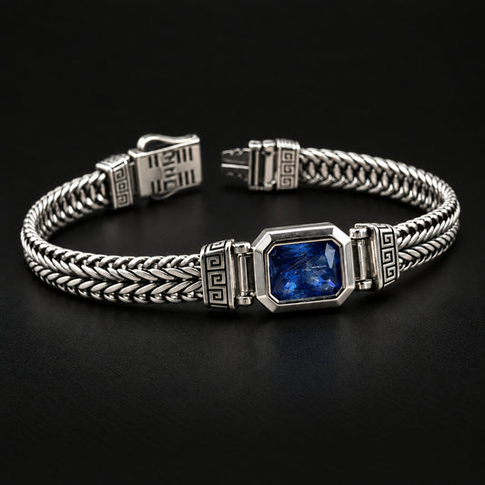 13mm Classic Chain Bracelet with 7Ct Blue Sapphire Stone for Men | 925 Sterling Silver Bracelet | Men's Jewelry