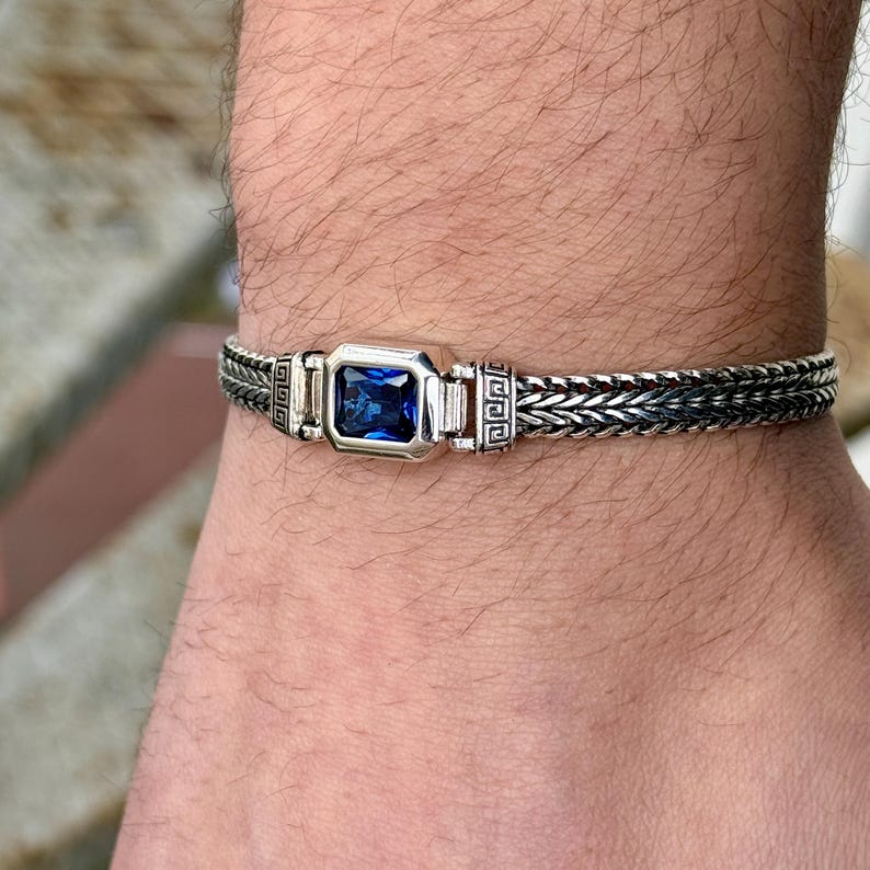 13mm Classic Chain Bracelet with 7Ct Blue Sapphire Stone for Men | 925 Sterling Silver Bracelet | Men's Jewelry