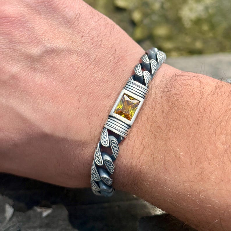 14mm Retro Silver Oxidized Bracelet studded with Original 8ct Citrine Stone| 925 Sterling Silver Bracelet | With Certificate of Authenticity and 925 Hallmark
