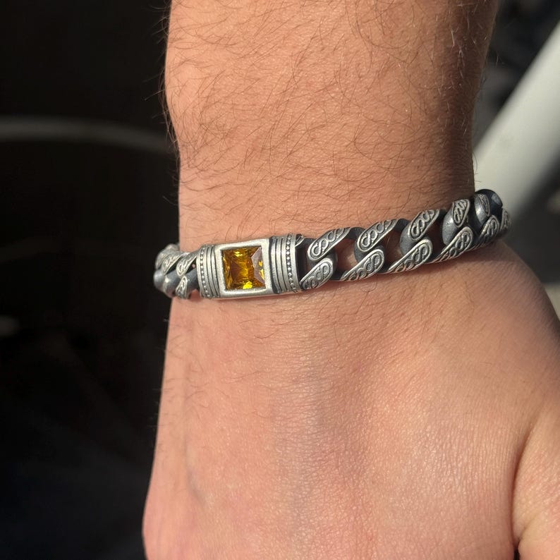 14mm Retro Silver Oxidized Bracelet studded with Original 8ct Citrine Stone| 925 Sterling Silver Bracelet | With Certificate of Authenticity and 925 Hallmark