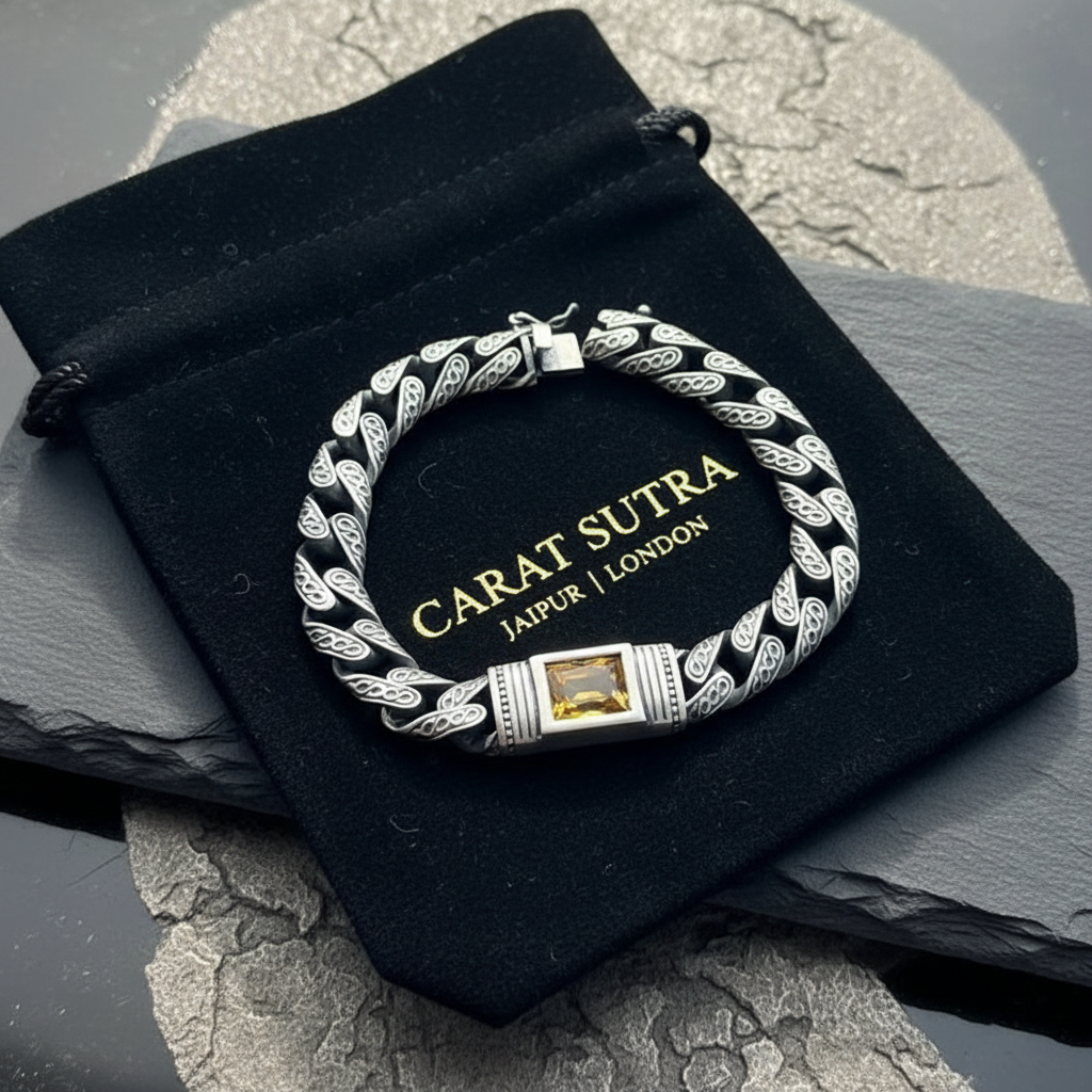 14mm Retro Silver Oxidized Bracelet studded with Original 8ct Citrine Stone| 925 Sterling Silver Bracelet | With Certificate of Authenticity and 925 Hallmark