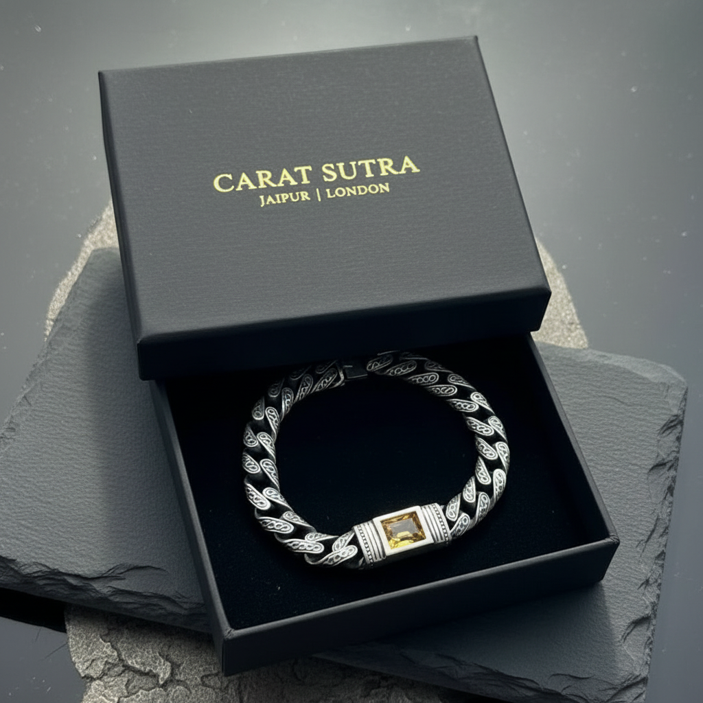 14mm Retro Silver Oxidized Bracelet studded with Original 8ct Citrine Stone| 925 Sterling Silver Bracelet | With Certificate of Authenticity and 925 Hallmark
