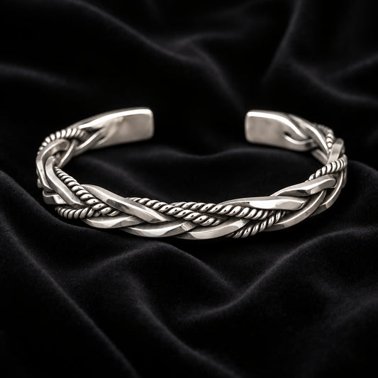 Handwoven bangle | Matt / Shiny Finish Adjustable Cuff Style Bangle / kadaa | 999 Sterling Silver - caratsutra
