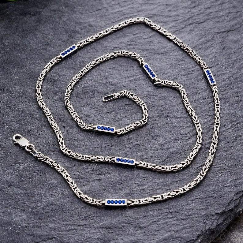 Solid 4mm Byzantine Link Chain, studded with Mini Blue Zircon | 925 Sterling Silver Chain | With Certificate of Authenticity and 925 Hallmark