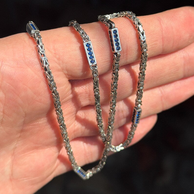 Solid 4mm Byzantine Link Chain, studded with Mini Blue Zircon | 925 Sterling Silver Chain | With Certificate of Authenticity and 925 Hallmark