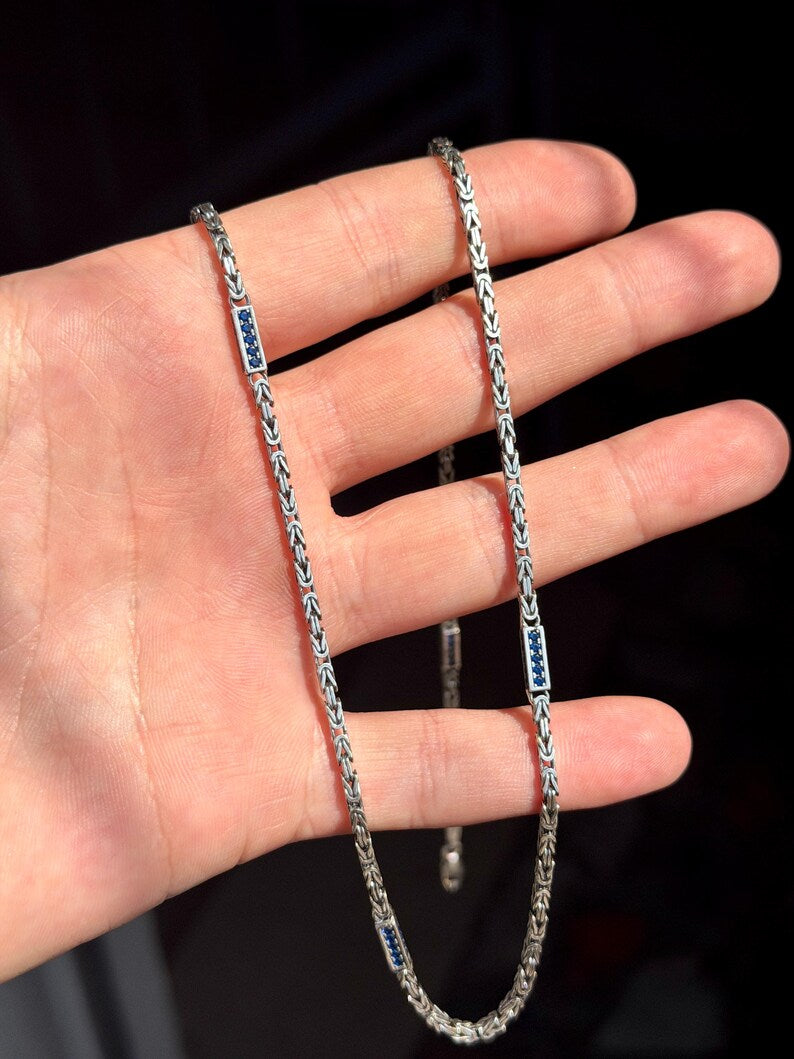 Solid 4mm Byzantine Link Chain, studded with Mini Blue Zircon | 925 Sterling Silver Chain | With Certificate of Authenticity and 925 Hallmark