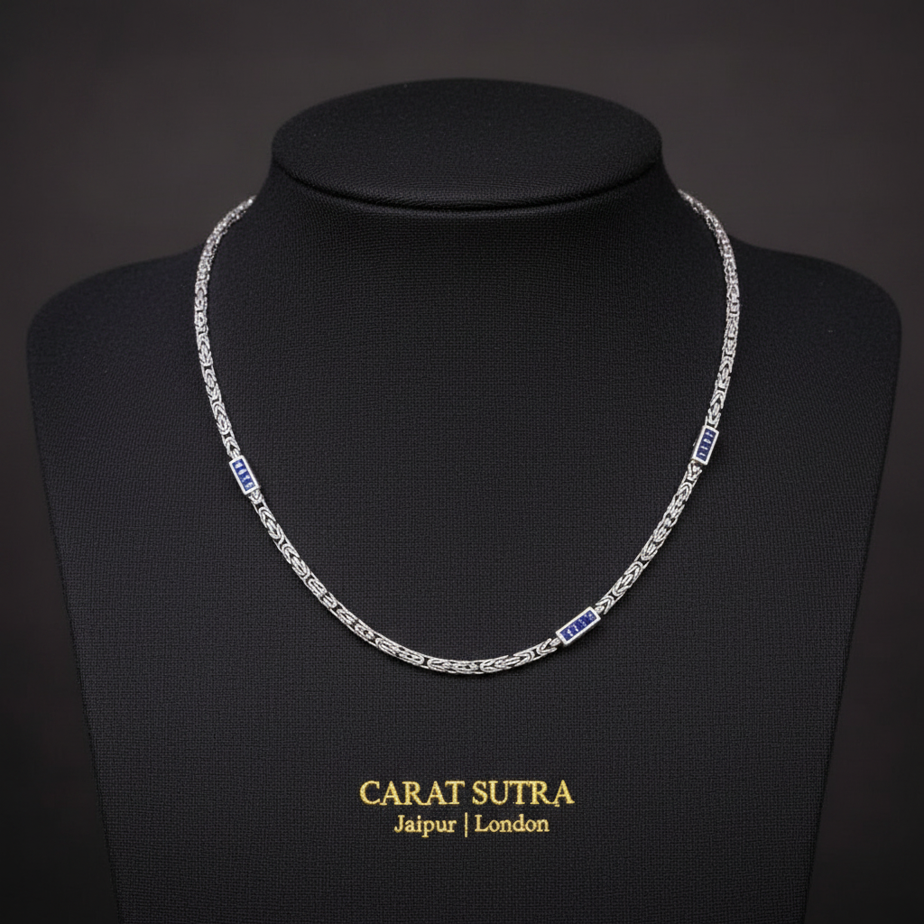 Solid 4mm Byzantine Link Chain, studded with Mini Blue Zircon | 925 Sterling Silver Chain | With Certificate of Authenticity and 925 Hallmark