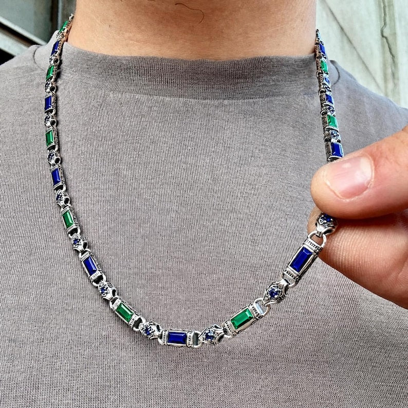 Solid 6mm Infinity Link Chain, studded with Blue & Green Zircon | 925 Sterling Silver Chain | With Certificate of Authenticity and 925 Hallmark