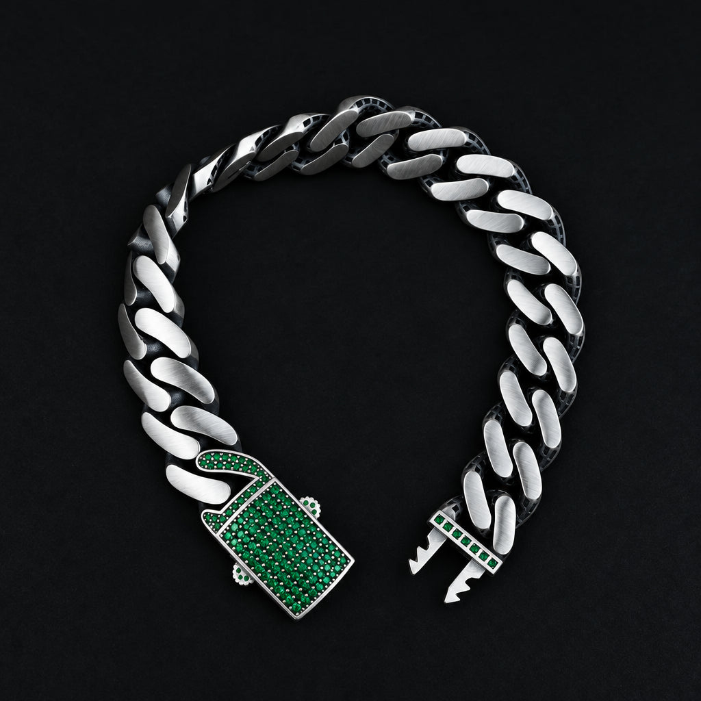 16mm Wide Solid Miami Cuban Link Bracelet with Green Emerald Iced Lock,  925 Sterling Silver Bracelet | Men's Jewelry