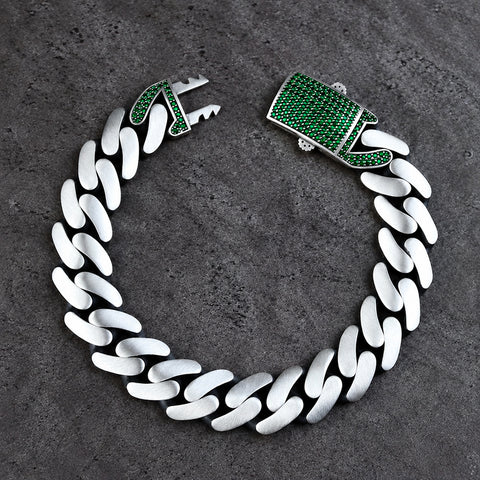 16mm Wide Solid Miami Cuban Link Bracelet with Green Emerald Iced Lock,  925 Sterling Silver Bracelet | Men's Jewelry