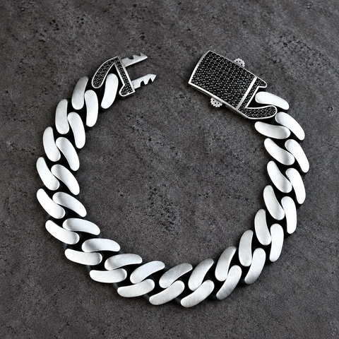 16mm Wide Solid Miami Cuban Link Bracelet with Black Iced Lock,  925 Sterling Silver Bracelet | Men's Jewelry