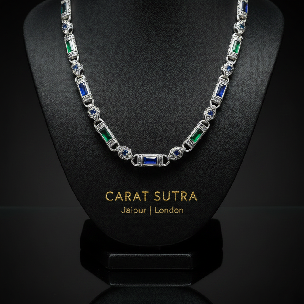 Solid 6mm Infinity Link Chain, studded with Blue & Green Zircon | 925 Sterling Silver Chain | With Certificate of Authenticity and 925 Hallmark