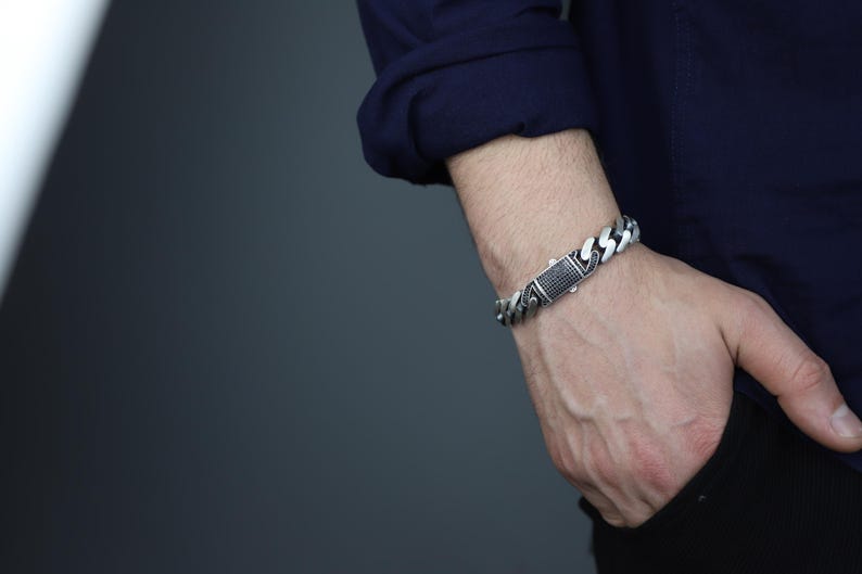 16mm Wide Solid Miami Cuban Link Bracelet with Black Iced Lock,  925 Sterling Silver Bracelet | Men's Jewelry