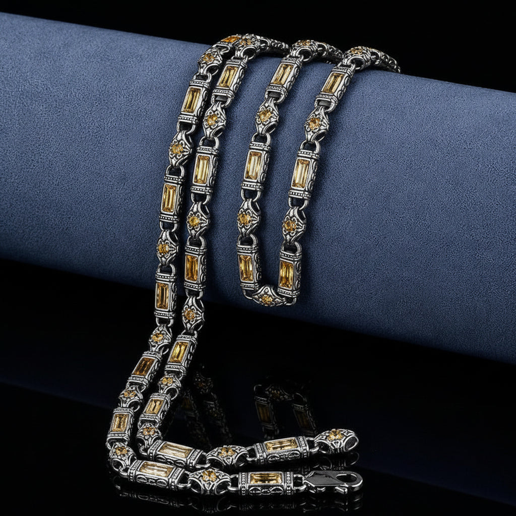 Solid 6mm Infinity Link Chain, studded with Citrine Stone | 925 Sterling Silver Chain | With Certificate of Authenticity and 925 Hallmark