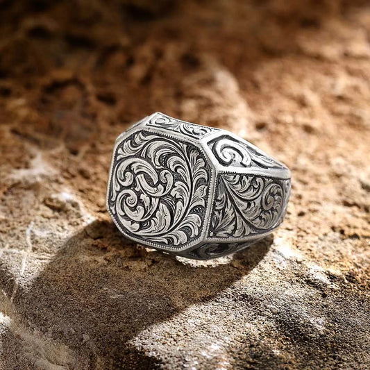 RARE PRINCE by CARAT SUTRA | Exclusive Hand Engraved Ring for Men, Oxidized Sterling Silver 925 Ring | Jewellery for Men| With Certificate of Authenticity and 925 Hallmark