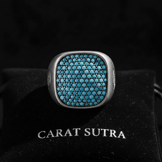 RARE PRINCE by CARAT SUTRA | Unique Designed Turkish Style Ring with Multiple Natural Turquoise Stone Ring | 925 Sterling Silver Oxidized Ring | Men's Jewelry | With Certificate of Authenticity and 925 Hallmark