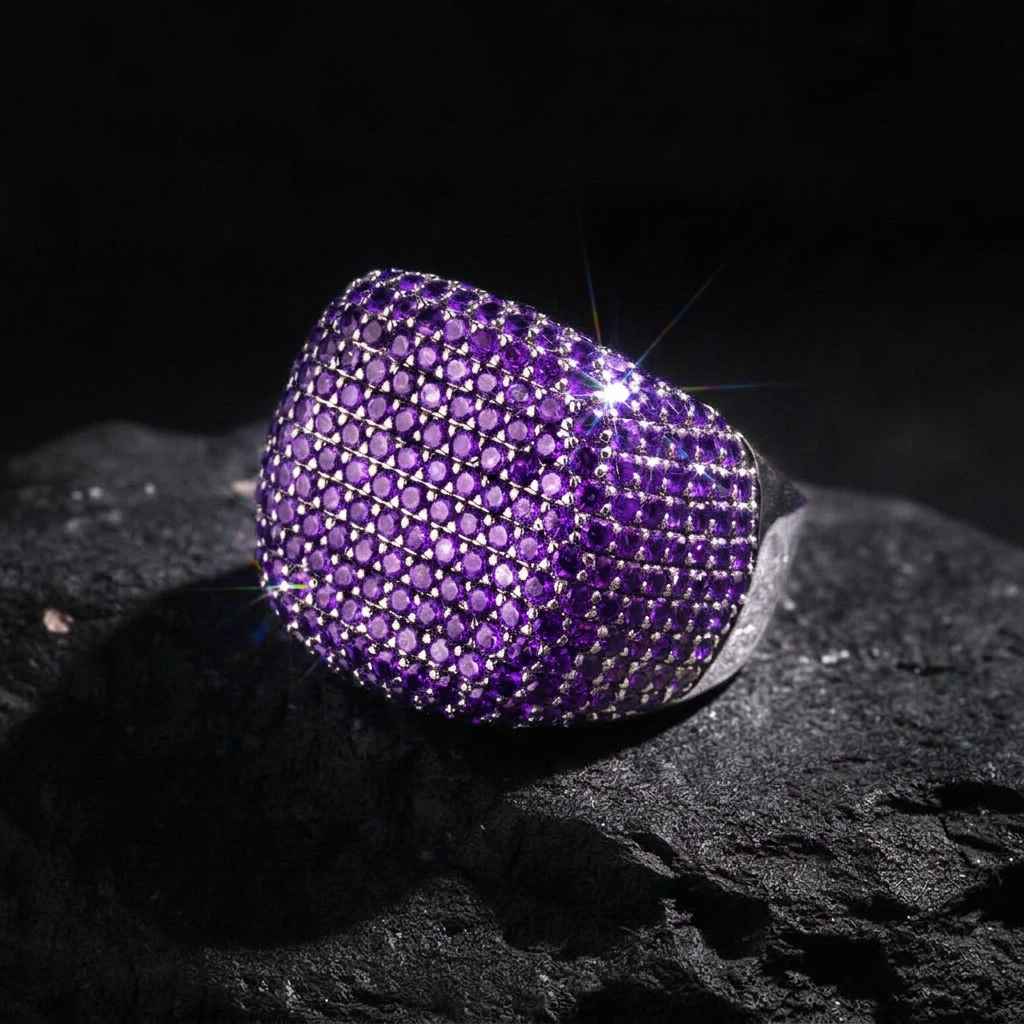 Unique Handmade Turkish Style Ring Studded with Natural Mini Amethyst Stones |  925 Sterling Silver Ring | With Certificate of Authenticity and 925 Hallmark