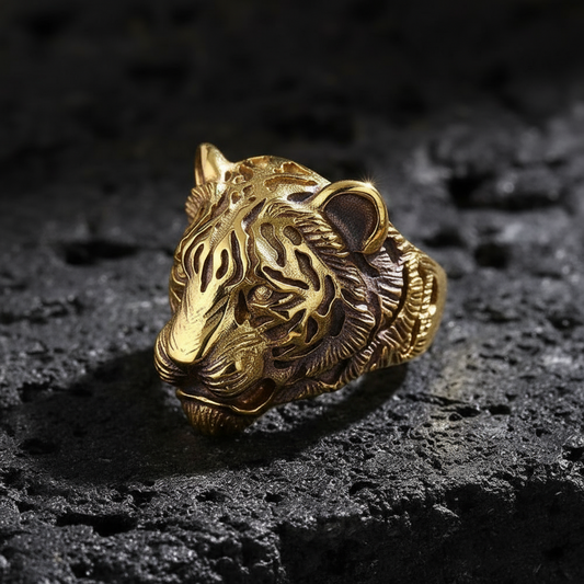 RARE PRINCE by CARAT SUTRA | Unique Designed Tiger Face Ring | 22kt Gold Micron Plated 925 Sterling Silver Oxidized Ring | Men's Jewelry | With Certificate of Authenticity and 925 Hallmark - caratsutra