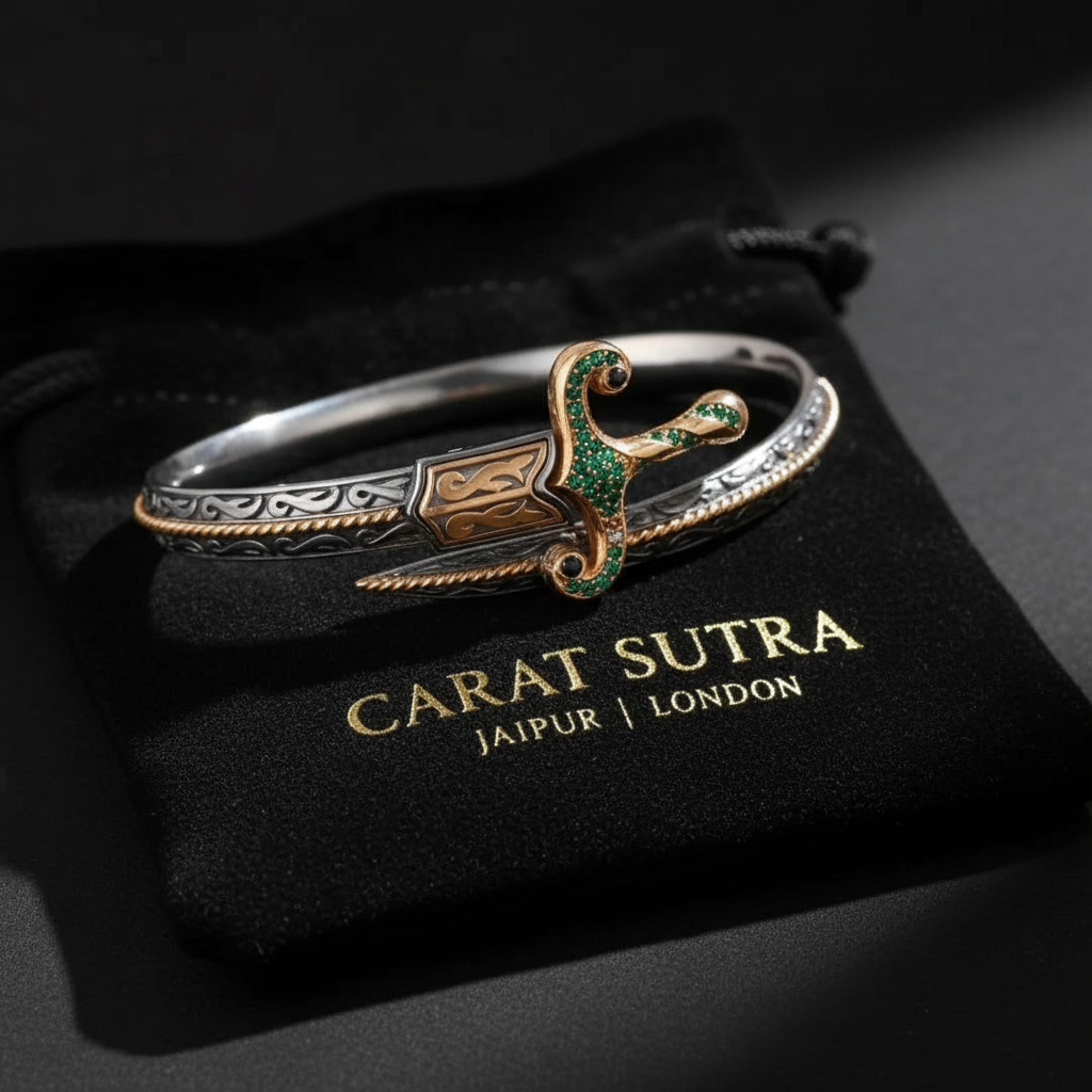 Exclusive Rajputi Silver Sword Handcuff Bracelet | 925 Sterling Silver | With Certificate of Authenticity and 925 Hallmark - caratsutra