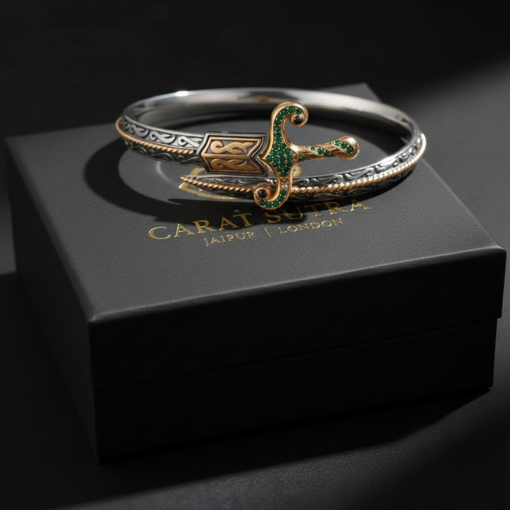 Exclusive Rajputi Silver Sword Handcuff Bracelet | 925 Sterling Silver | With Certificate of Authenticity and 925 Hallmark - caratsutra