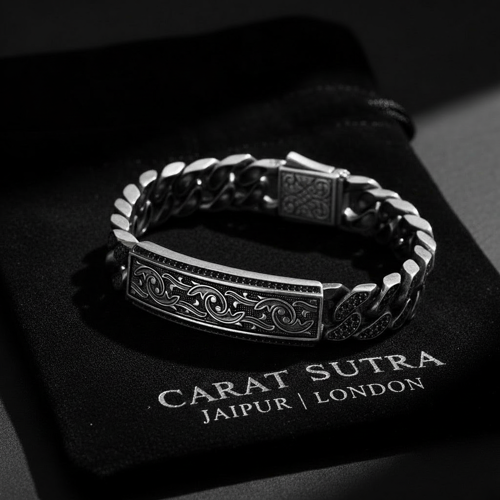 RARE PRINCE by CARAT SUTRA | 16mm Unique Dark Oxidised, Hand Engraved Cuban Link Bracelet studded with black zircon | 925 Silver Bracelet | With Certificate of Authenticity and 925 Hallmark