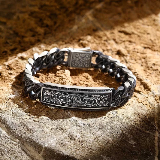 RARE PRINCE by CARAT SUTRA | 16mm Unique Hand Engraved Black Iced Cuban Link Bracelet for Men | Dark Oxidized 925 Silver Bracelet | Men's Jewelry | With Certificate of Authenticity and 925 Hallmark