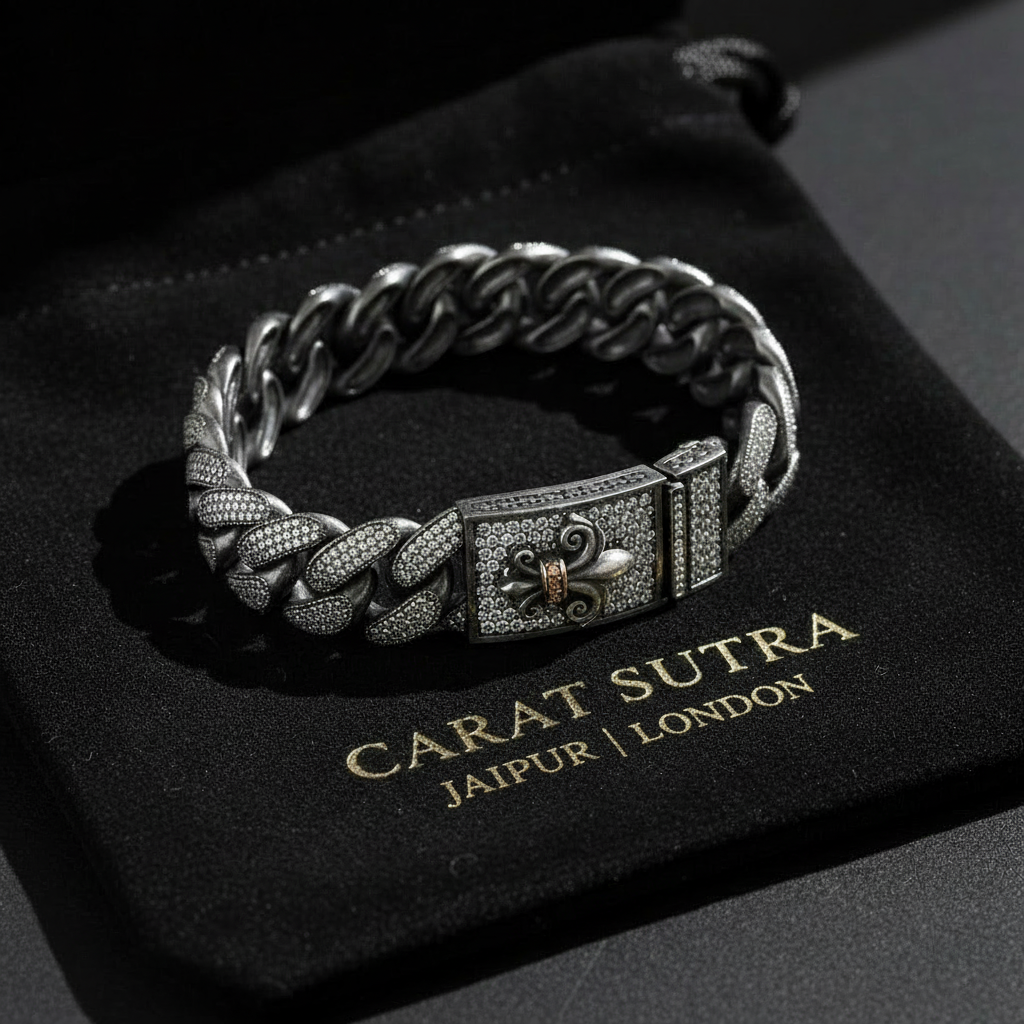 16mm Unique Fleur-De-Lis Iced Cuban Link Bracelet with Black Rhodium | Dark Oxidized 925 Silver Bracelet | With Certificate of Authenticity and 925 Hallmark